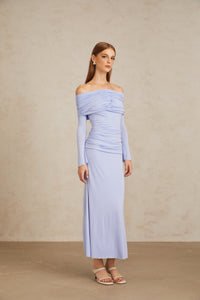 Katia Light Blue Off-Shoulder Ruched Maxi Dress