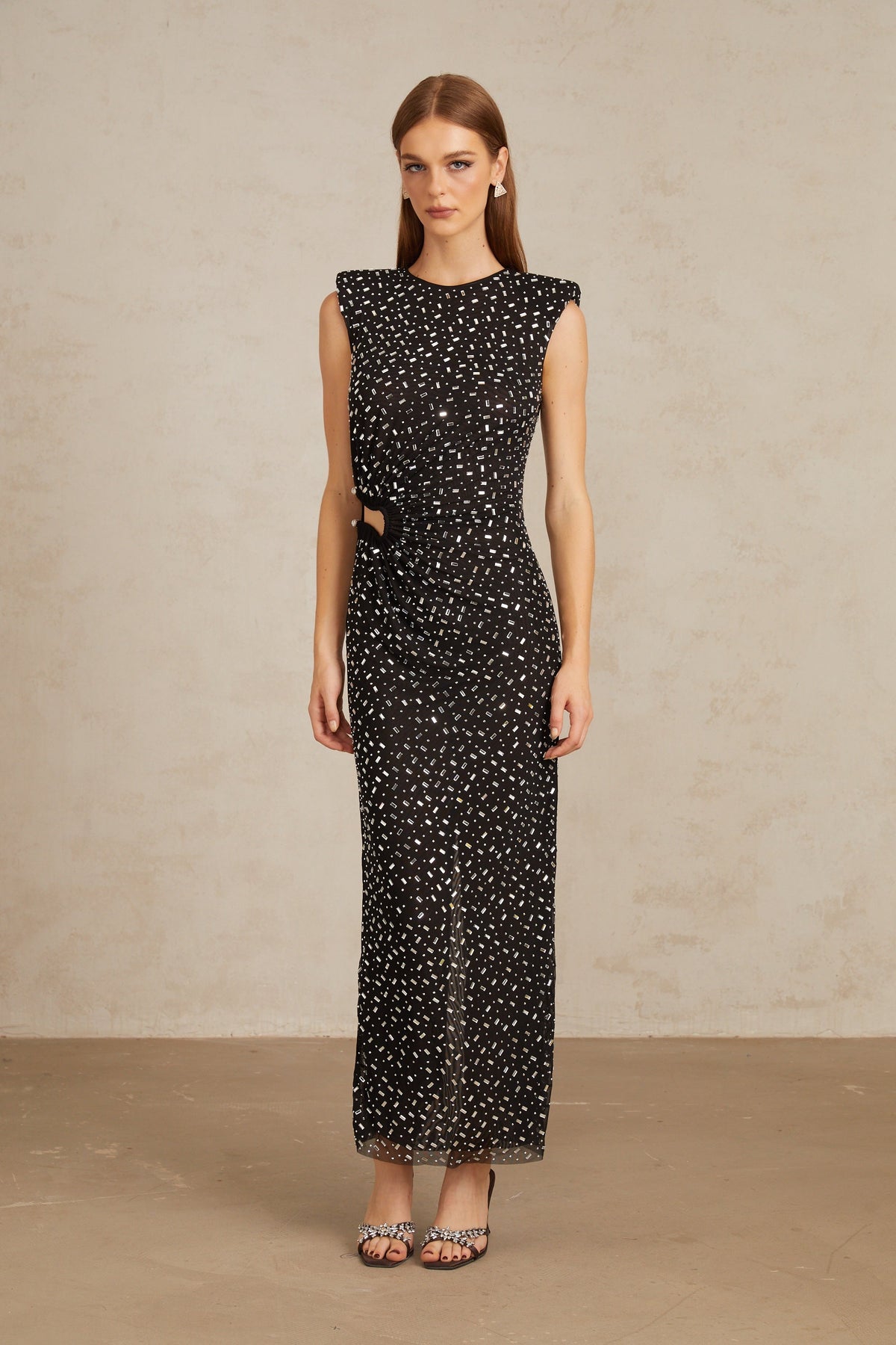 Félicie Black Embellished Mesh Maxi Gown