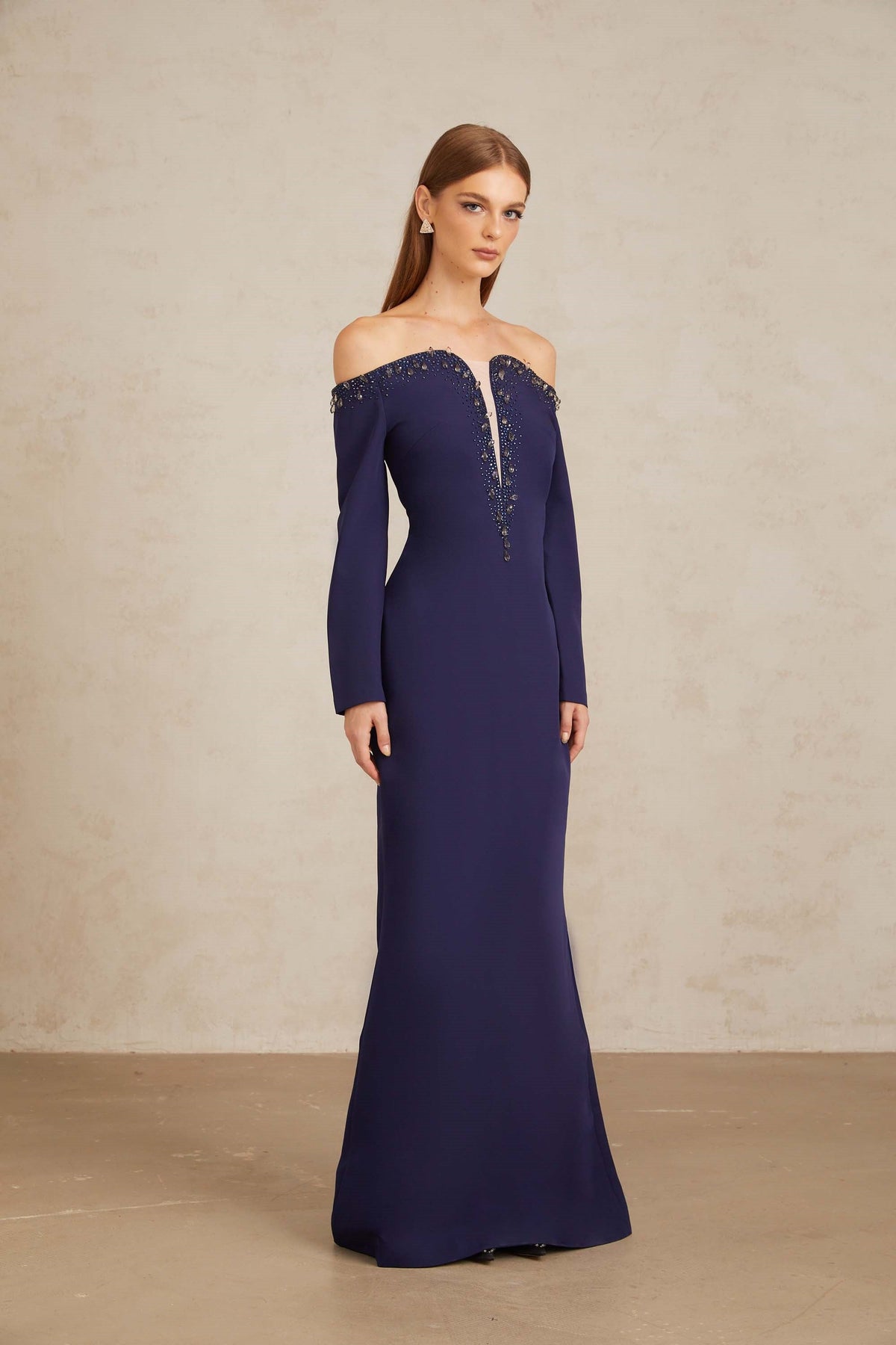 Joyanna Blue Off-Shoulder Embellished Gown
