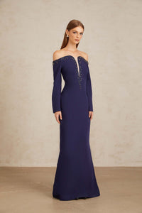 Joyanna Blue Off-Shoulder Embellished Gown