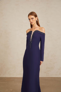 Joyanna Blue Off-Shoulder Embellished Gown
