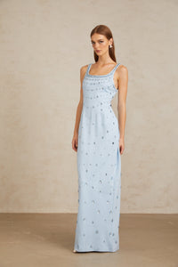 Meris Blue Crystal Embellished Maxi Gown