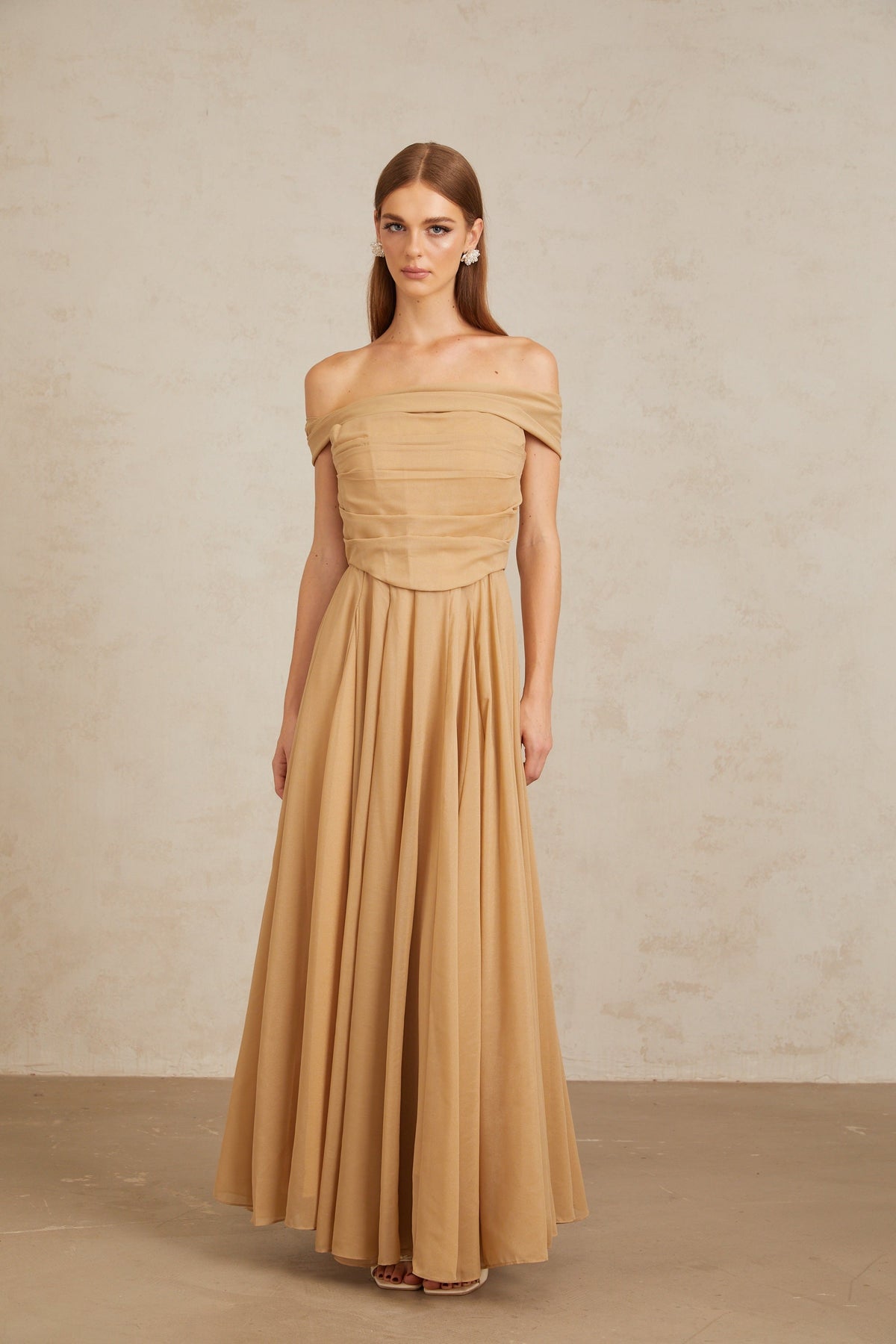 Urbaine Khaki Ruched Tulle Maxi Dress