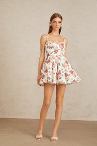 Airelle White Flounced Rose Print Mini Dress