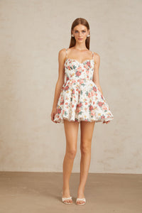 Airelle White Flounced Rose Print Mini Dress