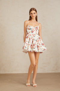 Airelle White Flounced Rose Print Mini Dress