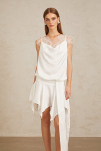 Thérèse White Draped Lace Panel Mini Dress