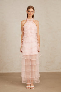 Nonchalante Pink Tiered Halterneck Maxi Dress