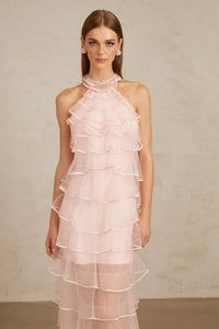 Nonchalante Pink Tiered Halterneck Maxi Dress