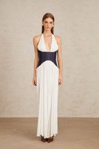 Airi White Halterneck Denim Panel Maxi Dress
