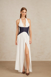 Airi White Halterneck Denim Panel Maxi Dress