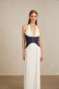 Airi White Halterneck Denim Panel Maxi Dress