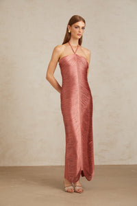 Polliana Pink Fringed Corset Maxi Gown