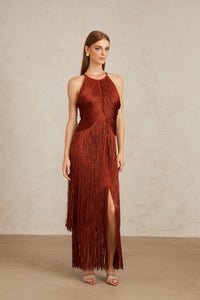 Mélisande Rusty Red Halterneck Fringed Maxi Gown