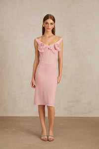 Aada Pink Fitted 3D Petal Midi Dress