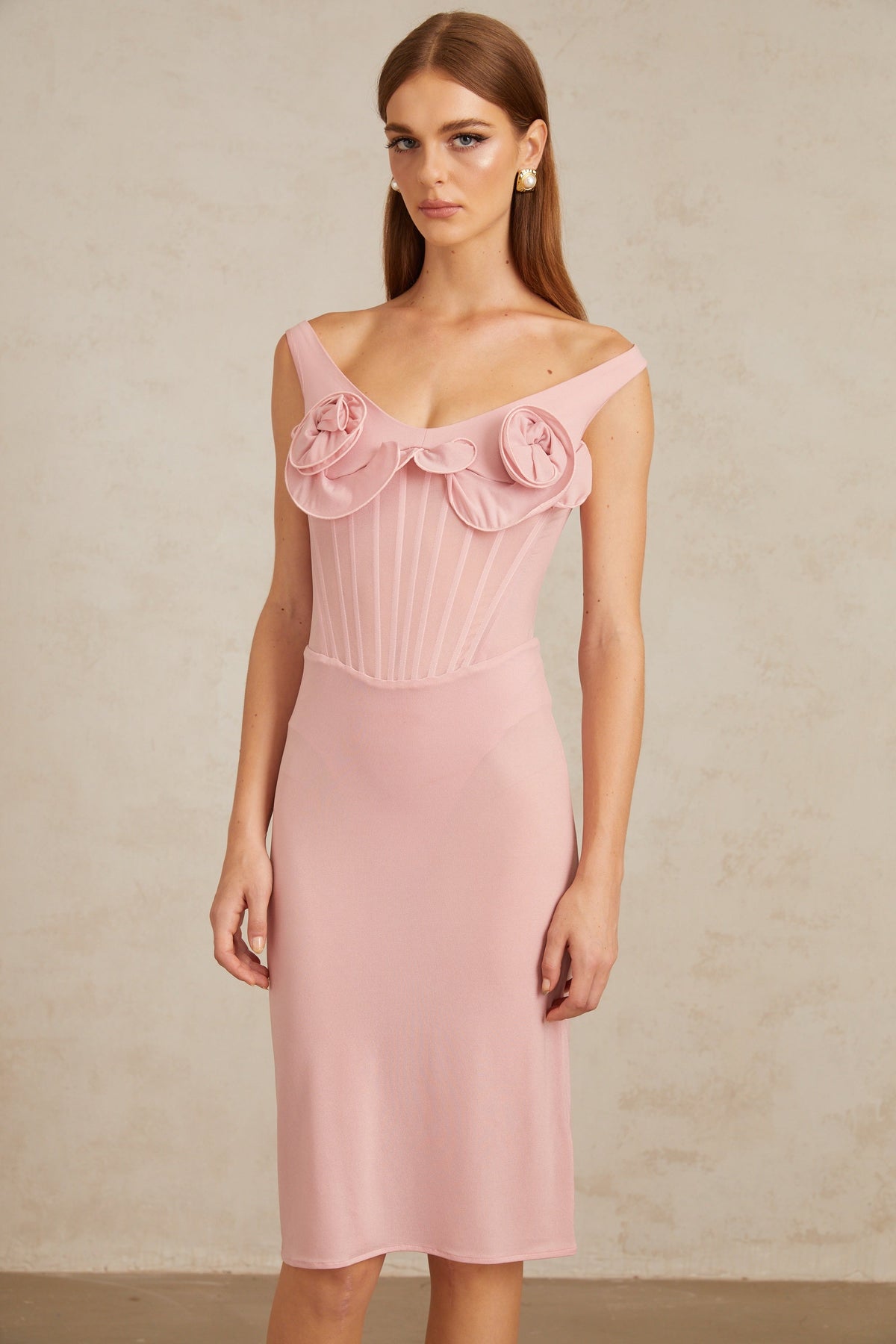 Aada Pink Fitted 3D Petal Midi Dress