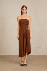 Kyliegh Brown Asymmetrical Off-Shoulder Midi Dress