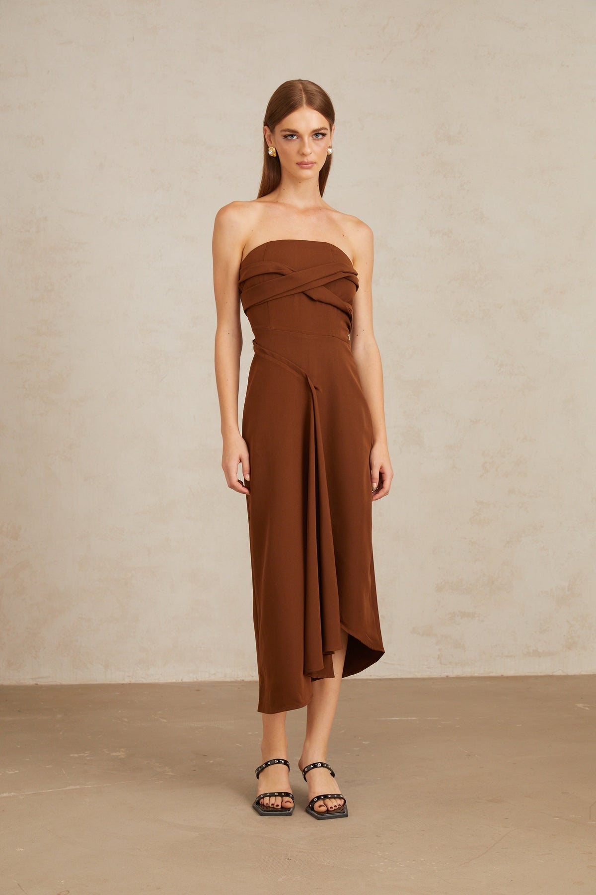 Kyliegh Brown Asymmetrical Off-Shoulder Midi Dress