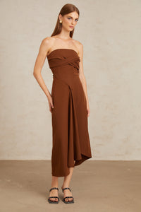 Kyliegh Brown Asymmetrical Off-Shoulder Midi Dress