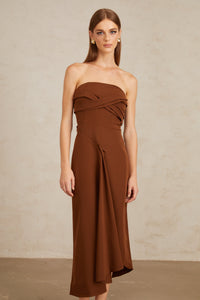 Kyliegh Brown Asymmetrical Off-Shoulder Midi Dress