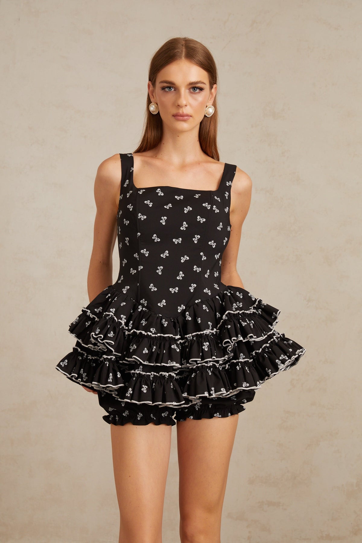 Camille Black Tiered Bow Print Mini Dress