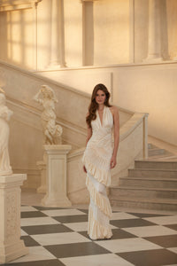 Vilhelmiina Cream White Halterneck Shirred Maxi Dress
