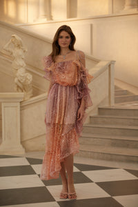 Éva Purple Gradient Floral Lace Midi Dress