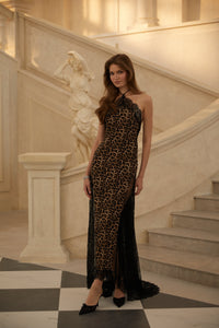 Alizée Brown Lace Panel Leopard Print Maxi Dress