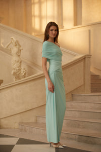 Katya Green Asymmetrical Gathered Maxi Dress