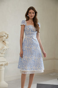 Gaëlle Blue Floral Embroidered Midi Dress