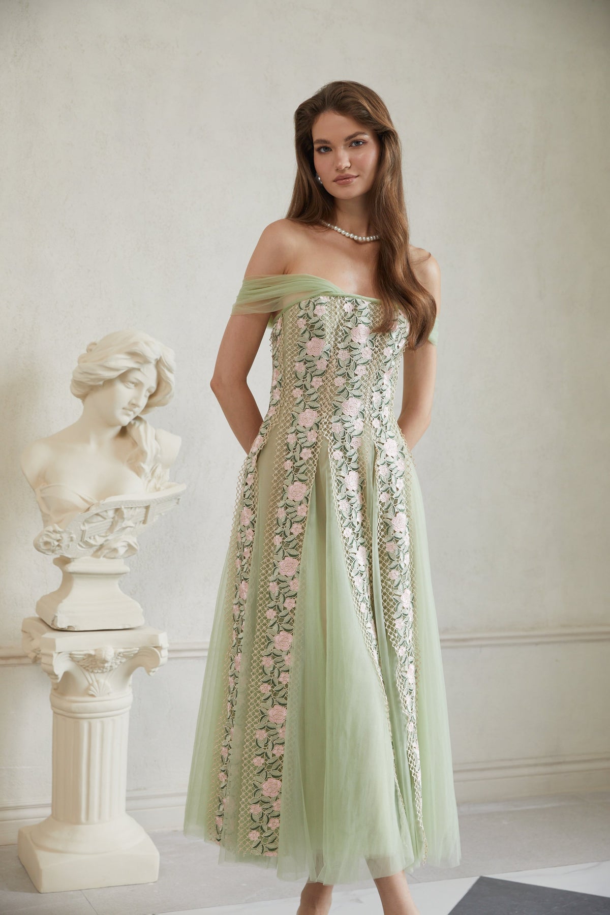 Eleni Green Tulle Panel Floral Midi Dress