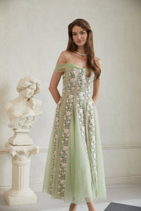 Eleni Green Tulle Panel Floral Midi Dress