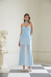 Gaia Blue Ruched Mesh Maxi Dress