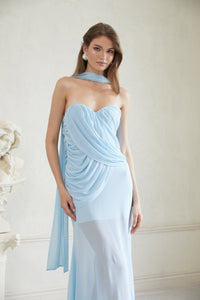Gaia Blue Ruched Mesh Maxi Dress