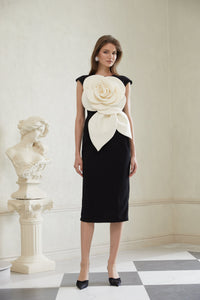 Aurélienne Black 3D Petal Pencil Midi Dress