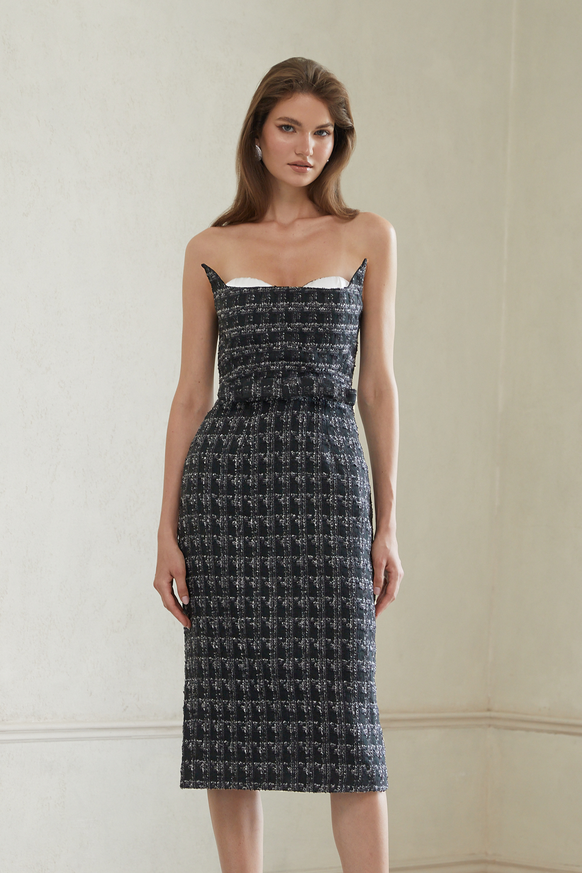 Rauha Black Plaid Weave Tweed Midi Dress
