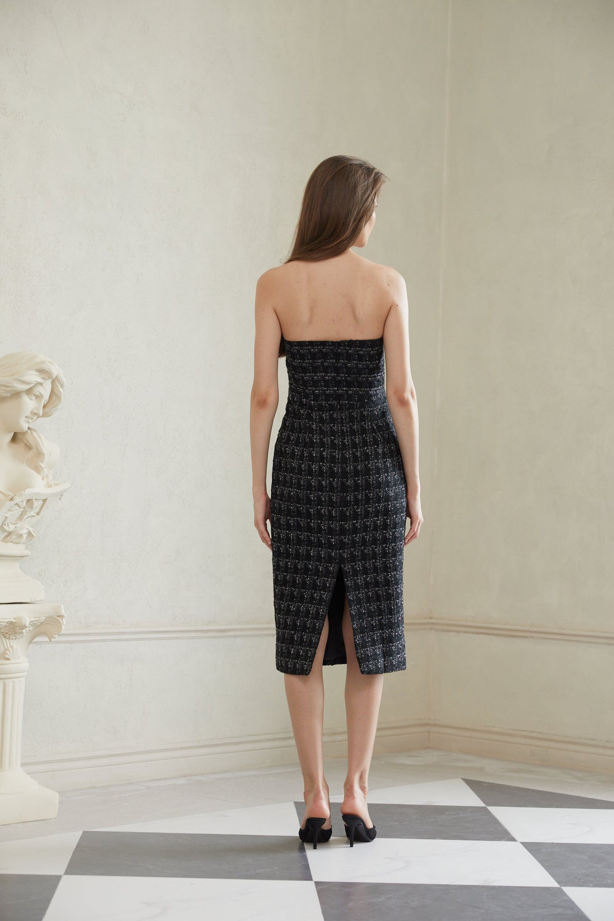 Rauha Black Plaid Weave Tweed Midi Dress