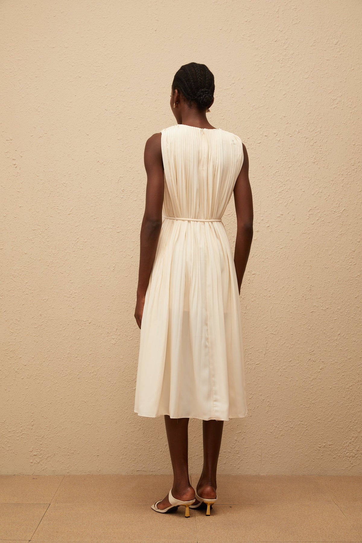 Célestine Neutral Sleeveless Pleated Midi Dress