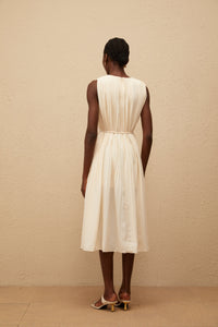 Célestine Neutral Sleeveless Pleated Midi Dress