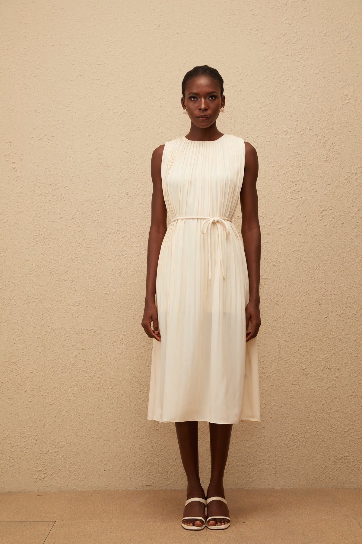 Célestine Neutral Sleeveless Pleated Midi Dress