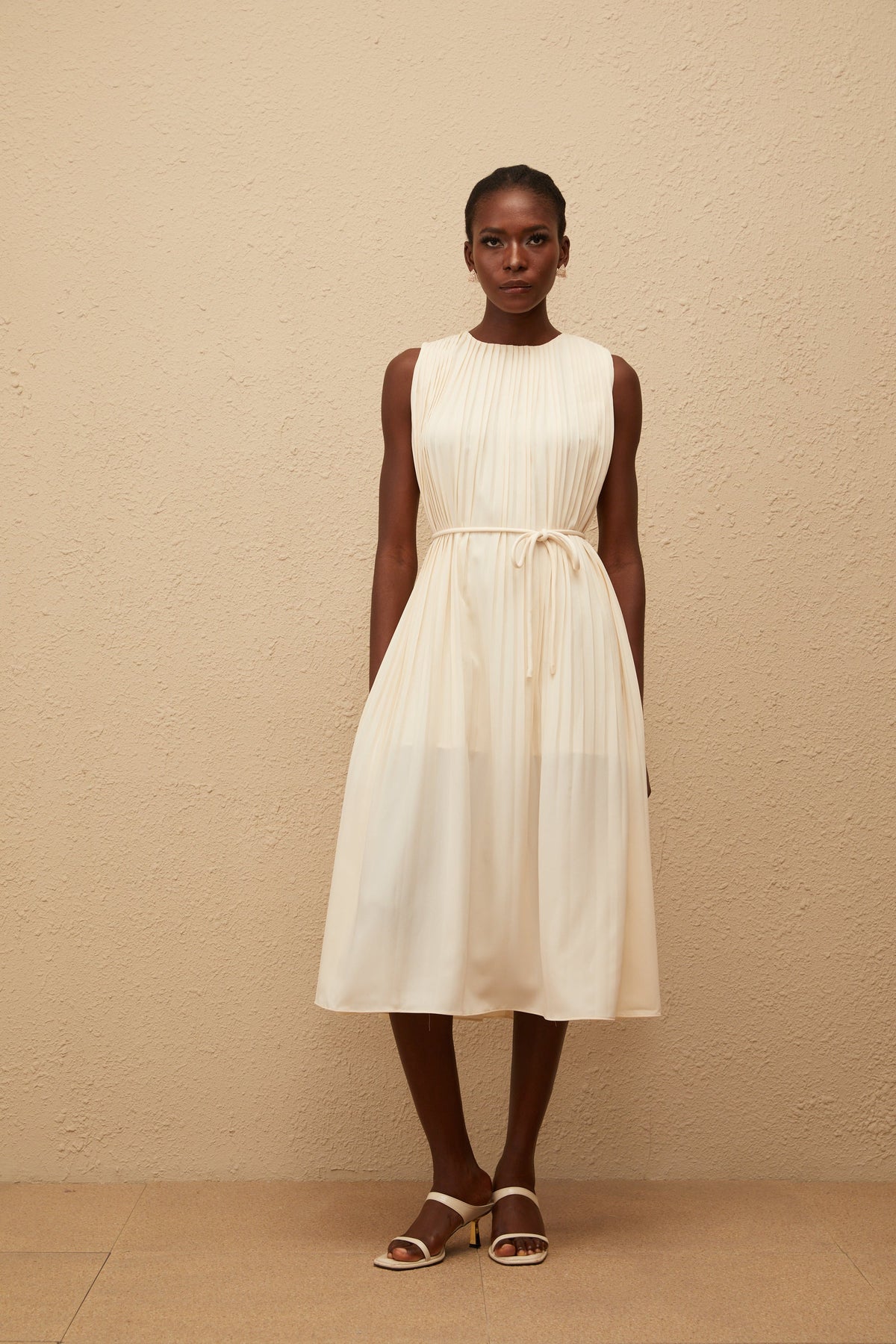 Célestine Neutral Sleeveless Pleated Midi Dress