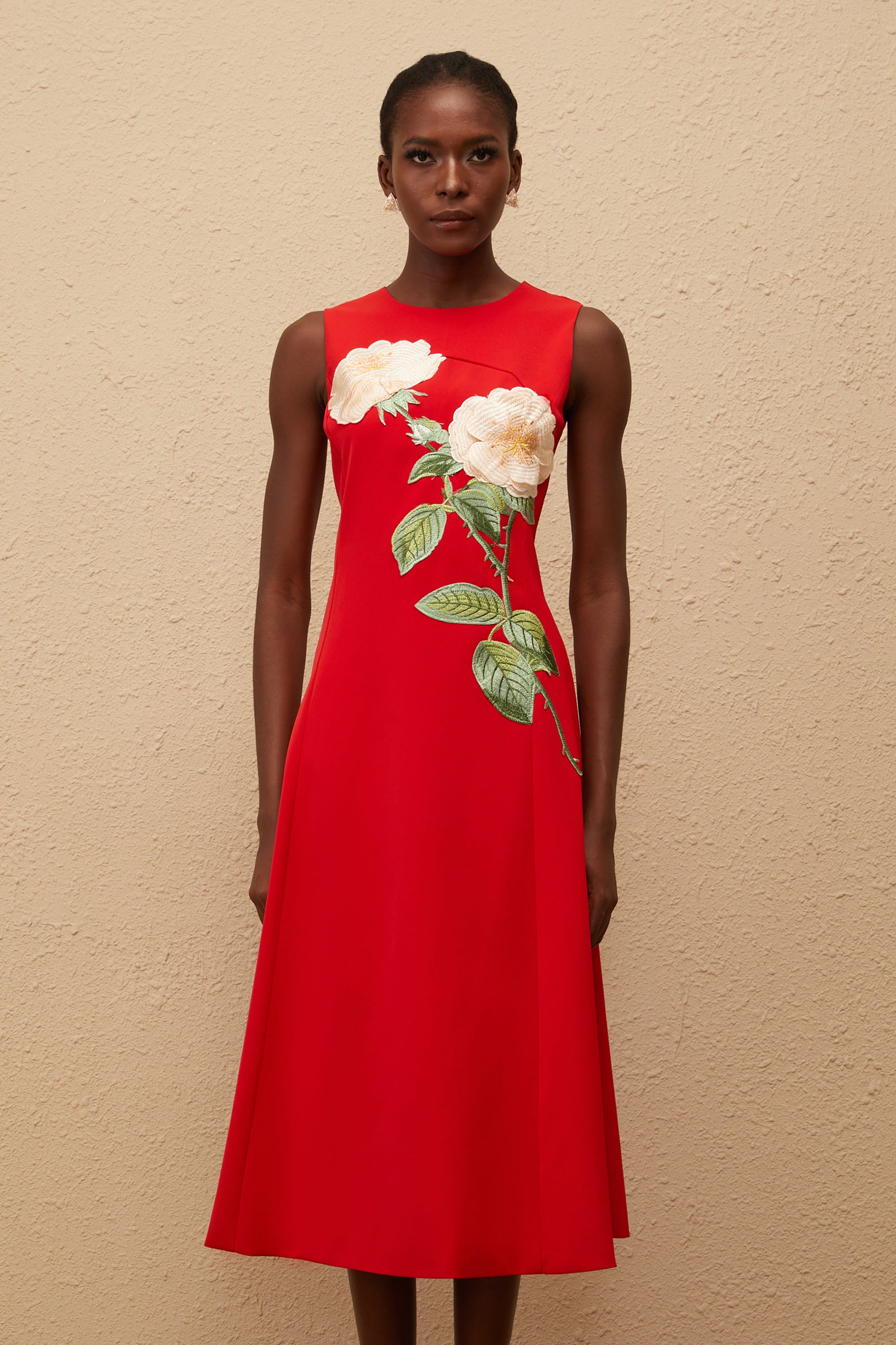 Mackenzie Red Floral Embroidered Midi Dress