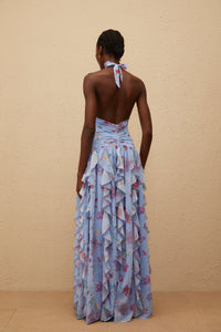 Thaïs Blue Ruffled Floral Print Maxi Dress