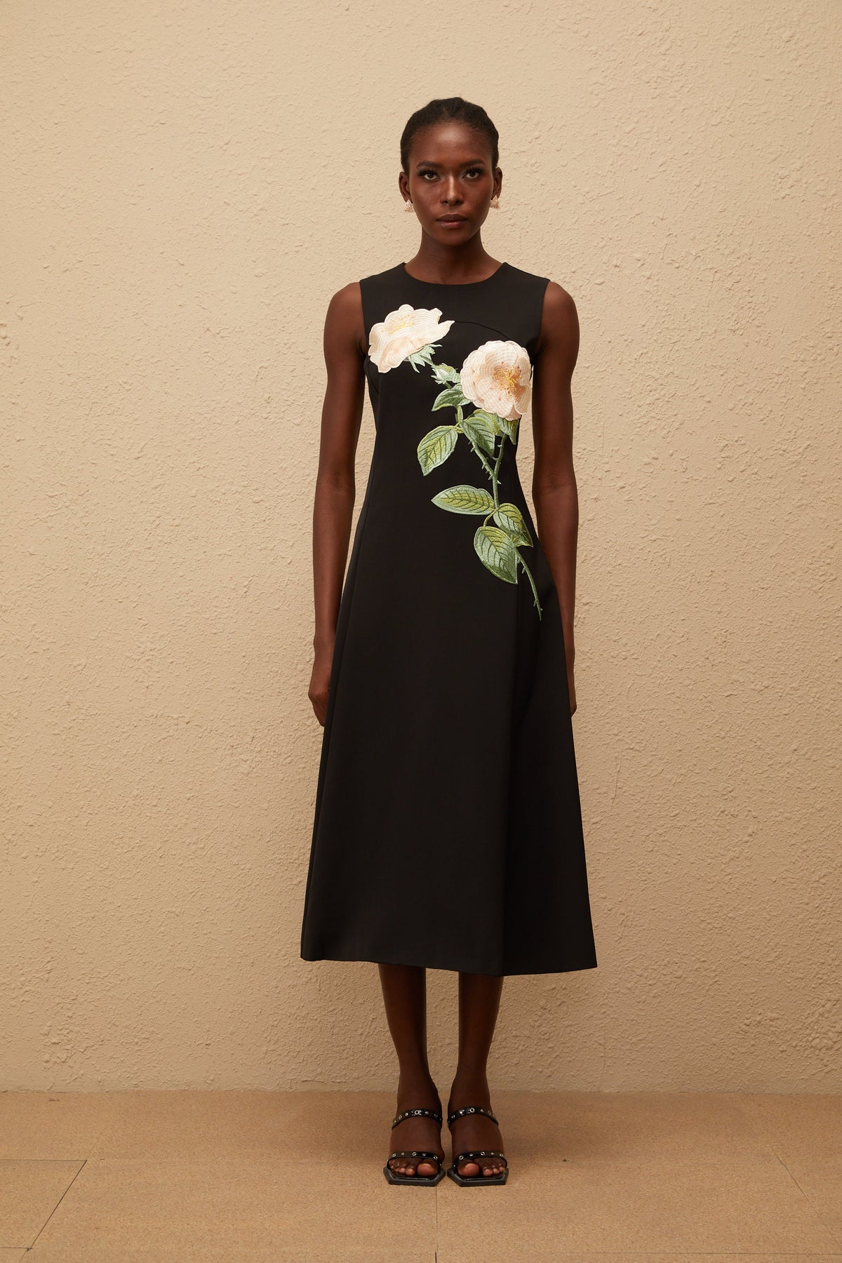 Mackenzie Black Floral Embroidered Midi Dress
