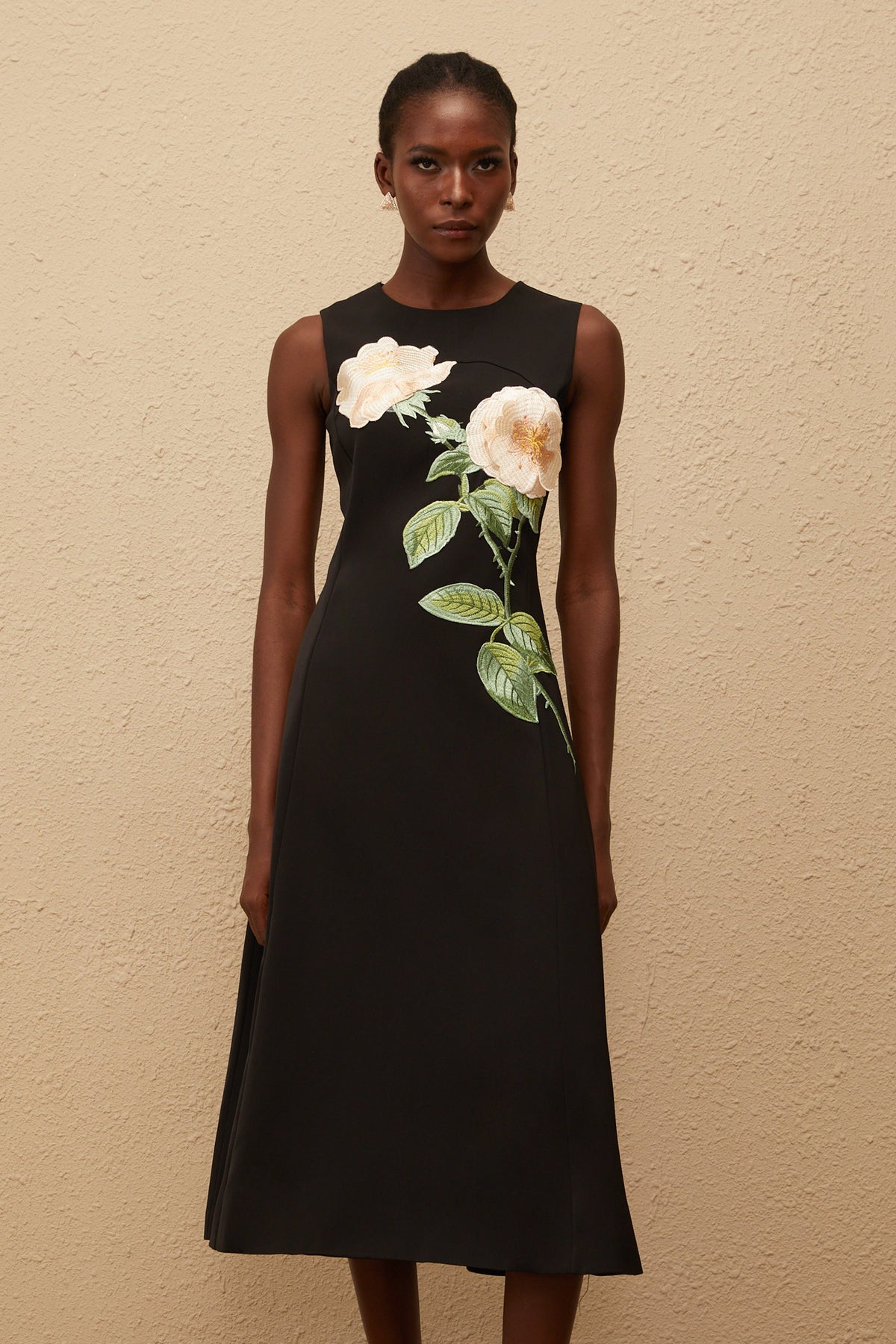 Mackenzie Black Floral Embroidered Midi Dress