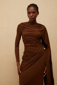 Paloma Brown Asymmetrical Ruched Knit Maxi Dress