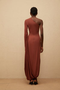 Aikaterini Brown Asymmetrical Draped Panel Midi Dress