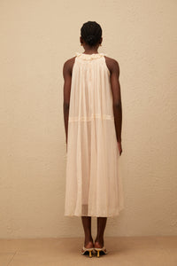 Orélie Neutral Pleated Chiffon Midi Dress