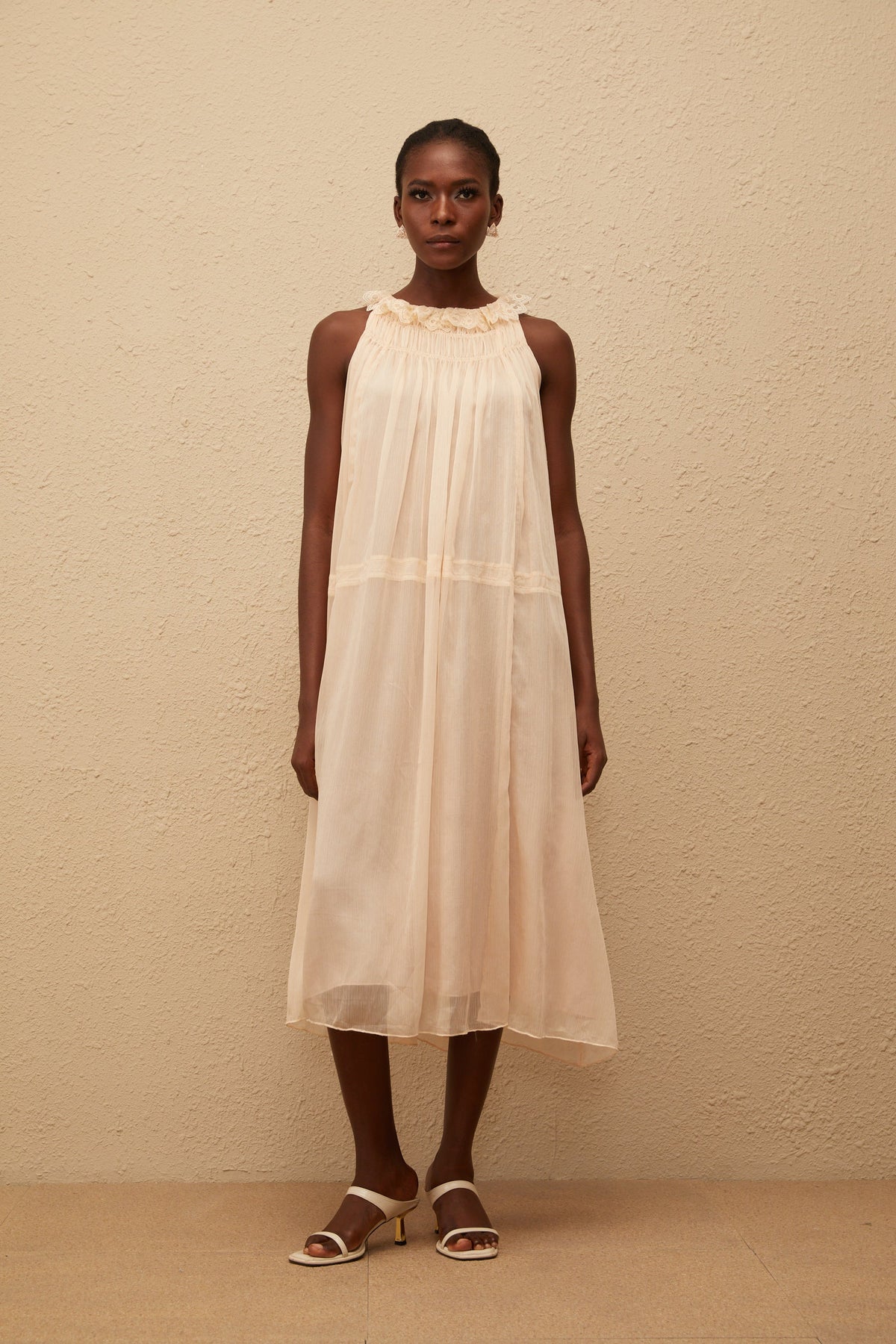 Orélie Neutral Pleated Chiffon Midi Dress