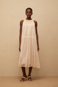Orélie Neutral Pleated Chiffon Midi Dress